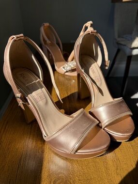 Rose Gold Block Heel Sandals with Ankle Strap